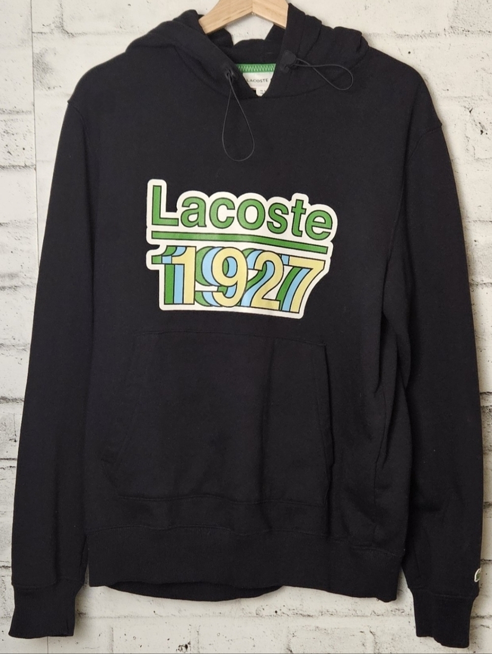 Lacoste 1927 Logo Hoodie Men’s Large Black Graphic Pullover Sweatshirt